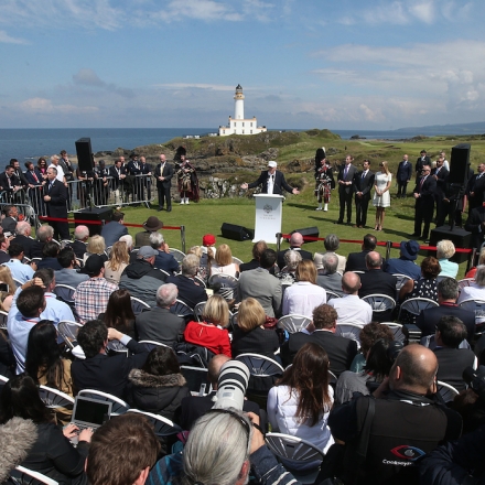 Donald Trump visit to Scotland. US presidential hopeful Donald Trump speaks at Turnberry hotel in South Ayrshire, where the Trump Turnberry golf course has been revamped. Picture date: Friday June 24, 2016. Trump will cut the ribbon at the resort he purchased two years ago which has undergone a £200 million refurbishment. See PA story POLITICS Trump. Photo credit should read: Andrew Milligan/PA Wire URN:26700762