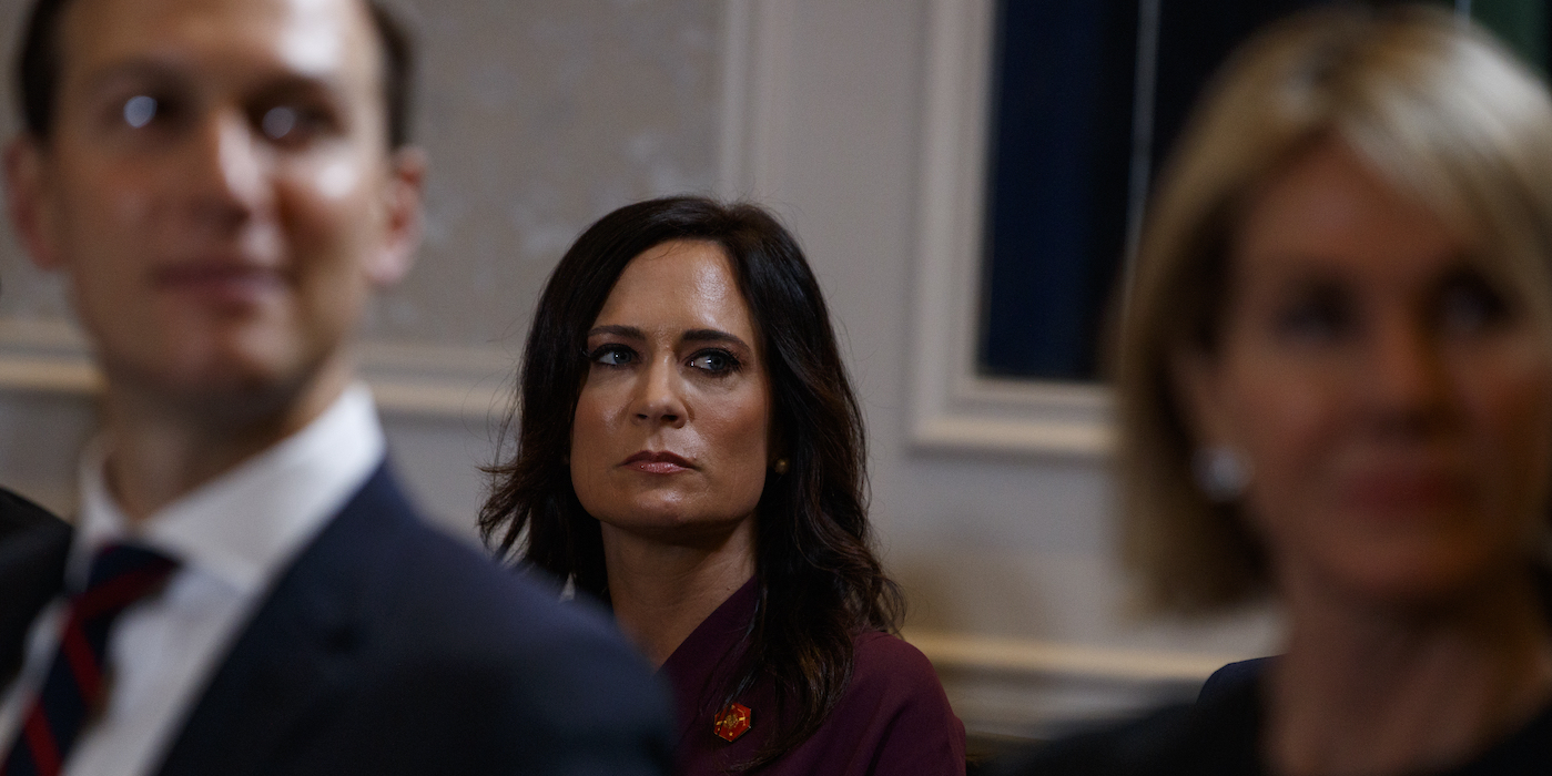 White House press secretary Stephanie Grisham listens during a meeting between President Donald Trump and Prime Minister Imran Khan of Pakistan at the InterContinental Barclay hotel during the United Nations General Assembly, Monday, Sept. 23, 2019, in New York. (AP Photo/Evan Vucci)