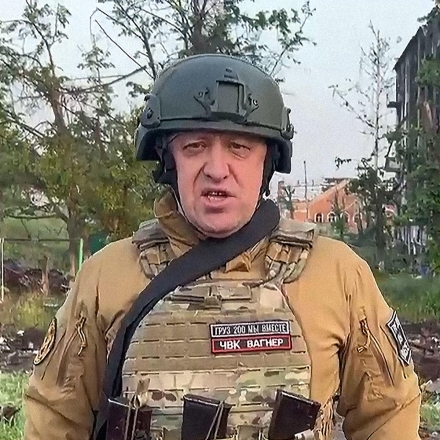Wagner Group founder Yevgeny Prigozhin addresses his units withdrawing from Bakhmut, the city captured from the Ukrainian Armed Forces. May 25, 2023, Bakhmut, Ukraine.