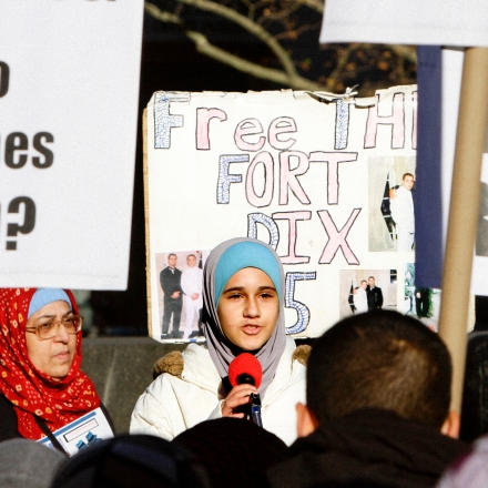 Lejla Duka, 13, from Cherry Hill, N.J., speak at a rally Muslims and supporters in Foley Square, gathered to protest against the NYPD  surveillance operations of Muslim communities, Friday, Nov. 18, 2011, in New York.  Lejla's father and two uncles were among five Muslim men convicted of plotting to attack the Fort Dix military base in New Jersey.  (AP Photo/Bebeto Matthews)