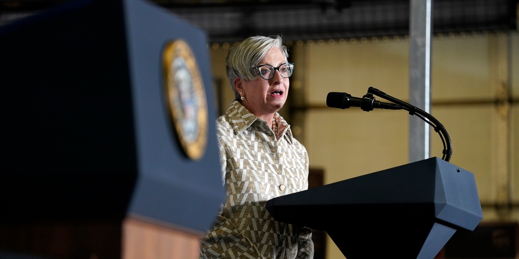Carol Tomé, CEO of UPS, speaks during an event on American infrastructure at UPS Hapeville Airport Hub, Wednesday, July 15, 2020, in Atlanta. (AP Photo/Evan Vucci)