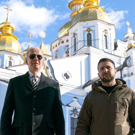 President Joe Biden walks with Ukrainian President Volodymyr Zelenskyy, in Kyiv, Feb. 20, 2023.