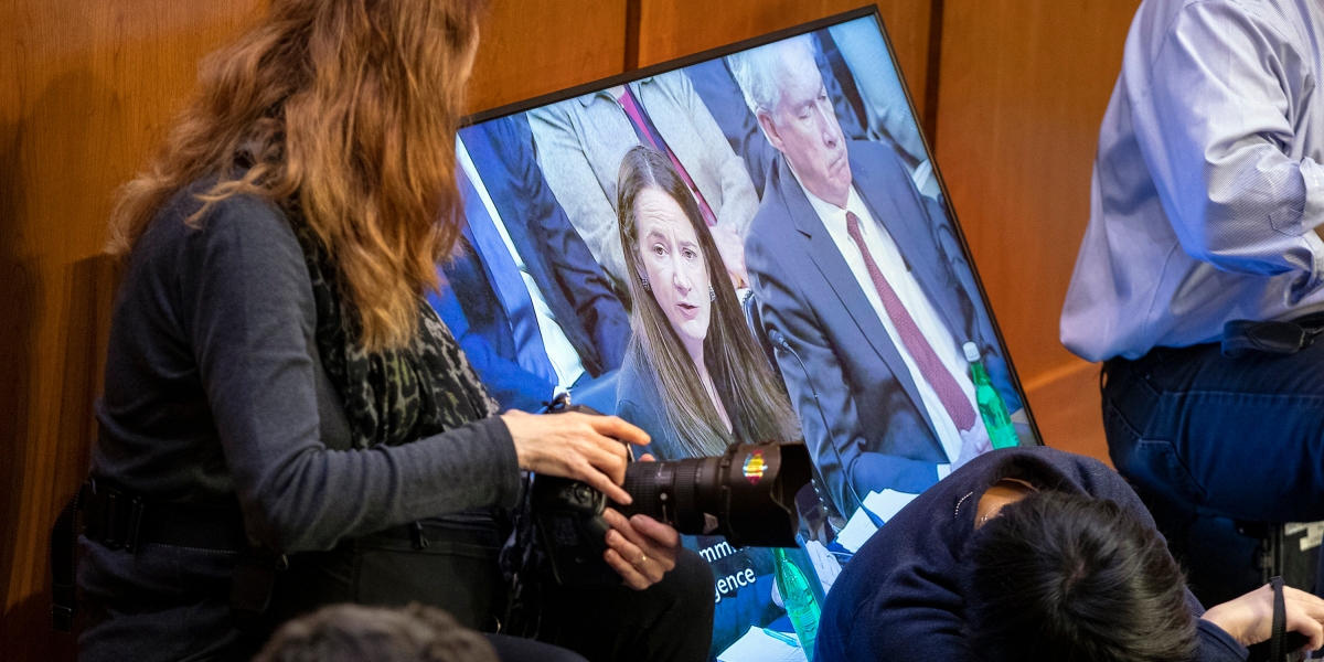 Director of National Intelligence Avril Haines is seen on a screen while she speaks during a Senate Intelligence Committee hearing to examine worldwide threats on Capitol Hill in Washington, Wednesday, March 8, 2023. (AP Photo/Amanda Andrade-Rhoades)