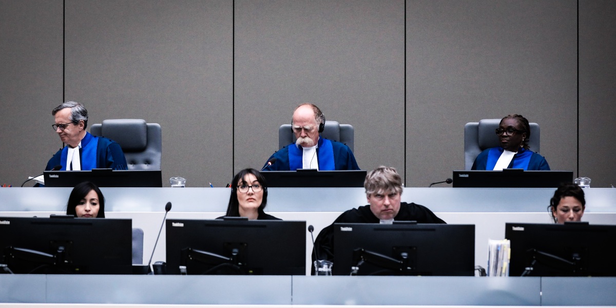 (L to R) Judge Marc Perrin de Brichambaut, Peter Kovacs, Reine Alapini-Gansou sit in the courtroom for the trial of Malian Al Hassan Ag Abdoul Aziz Ag Mohamed Ag Mahmoud at the International Criminal Court (ICC) in The Hague, The Netherlands, on July 8, 2019. - Judges are to determine whether there is enough evidence for a Malian jihadist to face trial for demolishing Timbuktu's fabled shrines, as well as for rape, torture and sex slavery. (Photo by EVA PLEVIER / ANP / AFP) / Netherlands OUT        (Photo credit should read EVA PLEVIER/AFP via Getty Images)