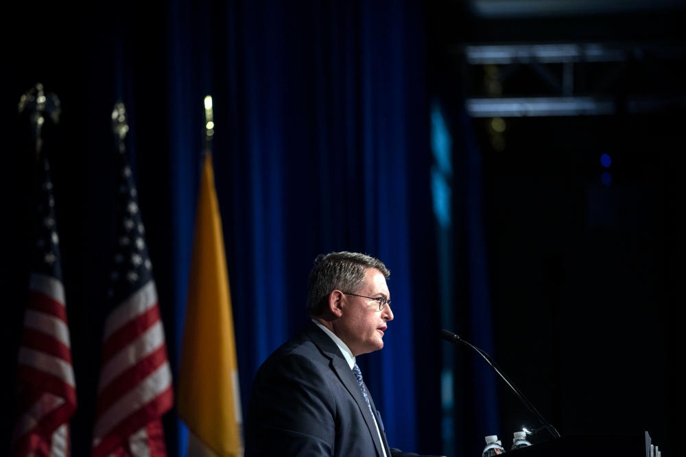WASHINGTON DC - APRIL 23 Leonard Leo speaks at the National Catholic Prayer Breakfast in Washington DC on April 23, 2019. Leo is an Executive Vice President with the Federalist Society and a confidant of President Trump. He is a maestro of a network of interlocking nonprofits working on media campaigns and other initiatives to pressure lawmakers and generate public support for conservative judges. (Photo by Michael Robinson Chavez/The Washington Post via Getty Images)