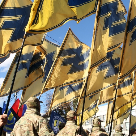 Members of the Azov regiment take part in a march to the 78th anniversary of the founding of the Ukrainian Insurgent Army in central Kyiv, Ukraine on 14 October 2020.