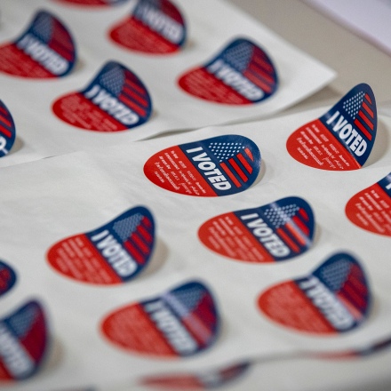 La Habra Heights, CA - June 07:  Vote stickers await voters in the California primary at The Park in La Habra Heights Tuesday, June 7, 2022. (Allen J. Schaben / Los Angeles Times via Getty Images)