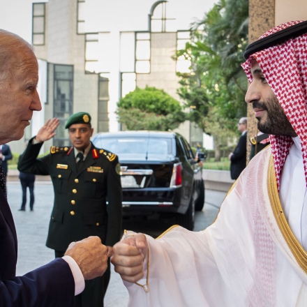 JEDDAH, SAUDI ARABIA - JULY 15: (----EDITORIAL USE ONLY â MANDATORY CREDIT - "ROYAL COURT OF SAUDI ARABIA / HANDOUT" - NO MARKETING NO ADVERTISING CAMPAIGNS - DISTRIBUTED AS A SERVICE TO CLIENTS----) US President Joe Biden (L) being welcomed by Saudi Arabian Crown Prince Mohammed bin Salman (R) at Alsalam Royal Palace in Jeddah, Saudi Arabia on July 15, 2022. (Photo by Royal Court of Saudi Arabia / Handout/Anadolu Agency via Getty Images)