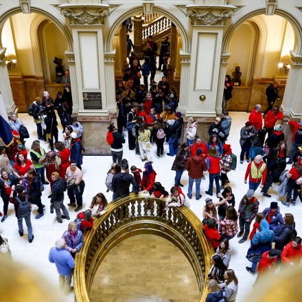 DENVER, CO - MARCH 24: Students and teachers fill the Colorado State Capitol in an attempt to meet with legislators and the governor during a protest to end gun violence in schools at the Colorado State Capitol on March 24, 2023 in Denver, Colorado. The protest comes on the heels of two shootings at East High School over the last month where one student was shot and killed outside the school in February and two administrators were shot and injured inside the school a month later. (Photo by Michael Ciaglo/Getty Images)