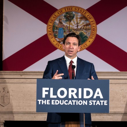 SARASOTA, FL - MAY 15: Florida Governor Ron DeSantis speaks after signing three education bills on the campus of New College of Florida in Sarasota, Fla. on Monday, May 15, 2023. (Photo by Thomas Simonetti for The Washington Post via Getty Images)