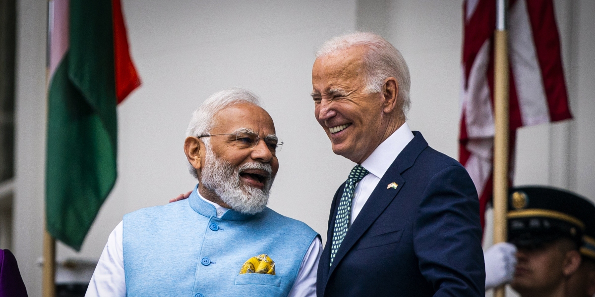 US President Joe Biden, right, and Narendra Modi, India's prime minister, at an arrival ceremony during a state visit on the South Lawn of the White House in Washington, DC, US, on Thursday, June 22, 2023. Biden and Modi will announce a series of defense and commercial deals designed to improve military and economic ties between their nations during state visit, senior US officials said. Photographer: Al Drago/Bloomberg via Getty Images