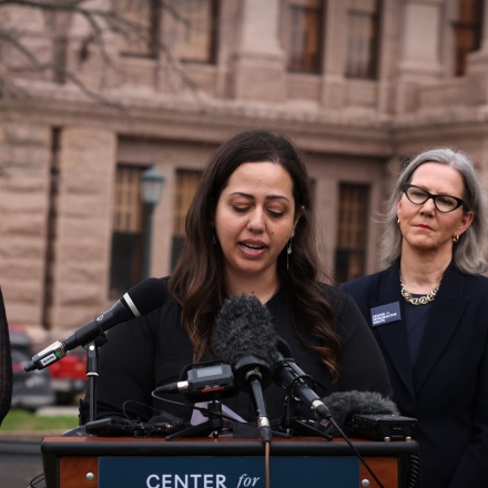 AUSTIN, TEXAS - MARCH 07: (L-R) Plaintiffs Amanda Zurawski, Lauren Hall, Anna Zargarian, CRR President & CEO Nancy Northup, CRR Media Relations Director Kelly Krause at the Texas State Capitol after filing a lawsuit on behalf of Texans harmed by the state's abortion ban on March 07, 2023 in Austin, Texas. (Photo by Rick Kern/Getty Images for the Center for Reproductive Rights)