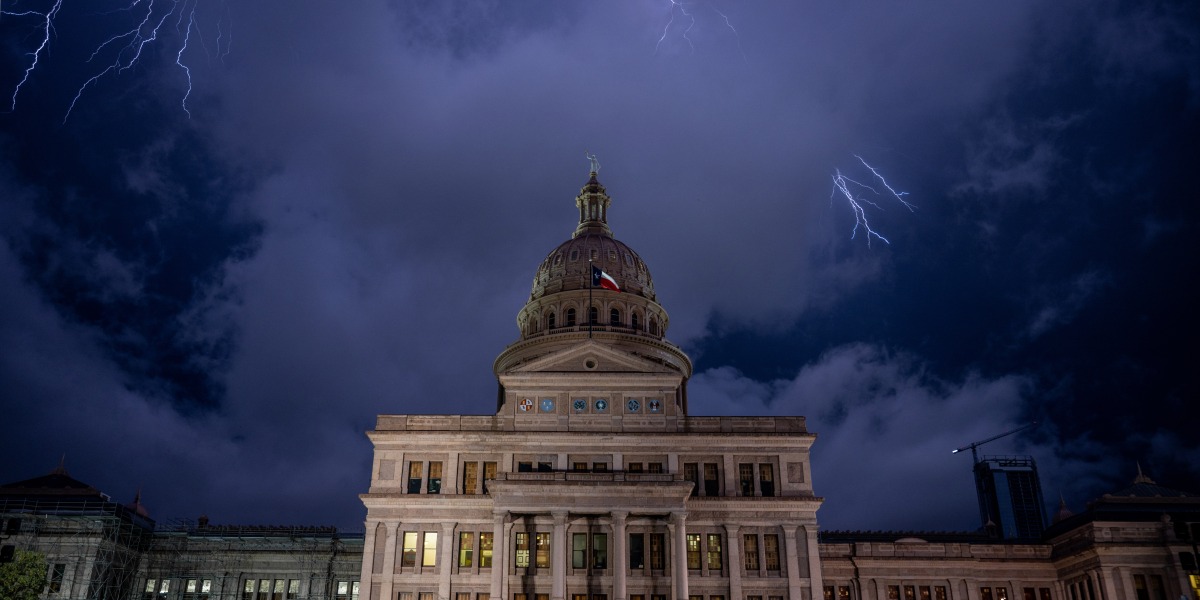 AUSTIN, TEXAS - APRIL 21: The Texas State Capitol is seen in a thunderstorm on April 21, 2023 in Austin, Texas. Community members and activists rallied together yesterday in protest against numerous anti-LGBTQ+ and drag bills being proposed in the legislature. (Photo by Brandon Bell/Getty Images)
