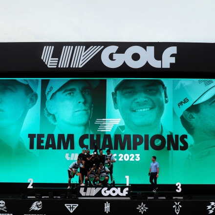 STERLING, VIRGINIA - MAY 28: Members of Torque GC celebrate after winning the team portion of the LIV Golf Invitational - DC at Trump National Golf Club on May 28, 2023 in Sterling, Virginia. (Photo by Rob Carr/Getty Images)