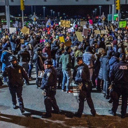 JOHN F  KENNEDY INTERNATIONAL AIRPORT, NEW YORK CITY, NEW YORK, UNITED STATES - 2017/01/28: For over 8 hours  thousands flooded into Terminal 4 at New York's John F. Kennedy International Airport, at times shutting down the hub while protesting Donald Trump's executive order banning Muslims from certain countries from travelling to the U.S. Around 8 p.m. that evening, the federal court for the Eastern District of New York issued an emergency stay halting the ban. (Photo by Michael Nigro/Pacific Press/LightRocket via Getty Images)